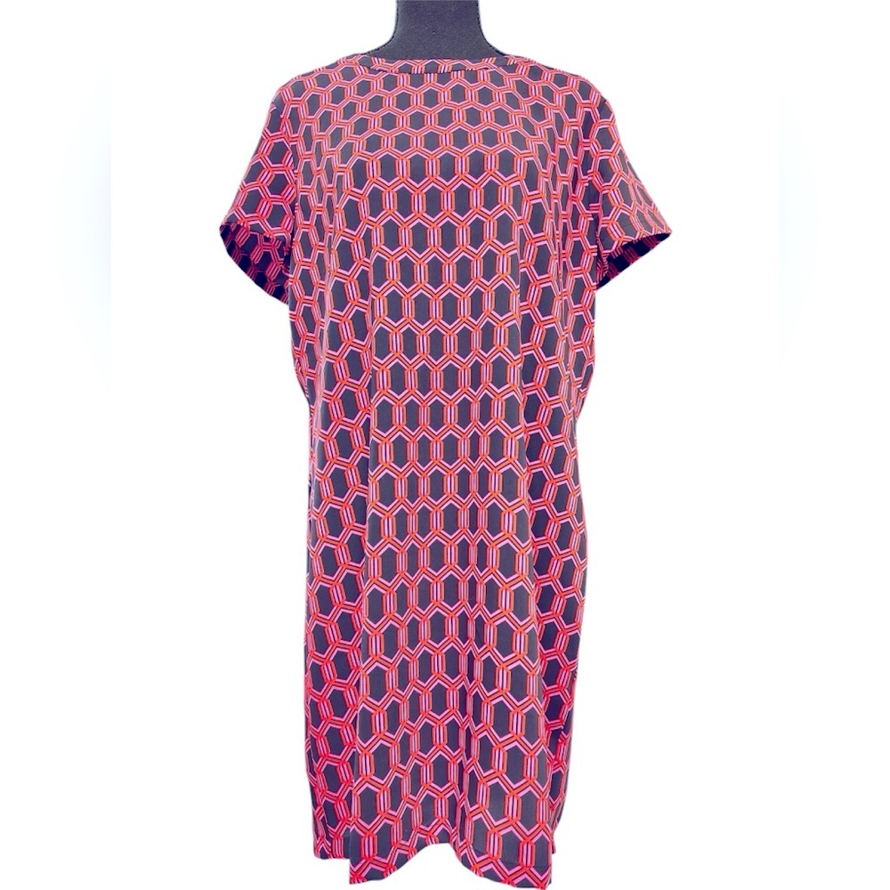 ADRIENNE VITTADINI PINK/ NAVY SHORT SLEEVED SCOOP NECK GEOMETRIC DRESS S…